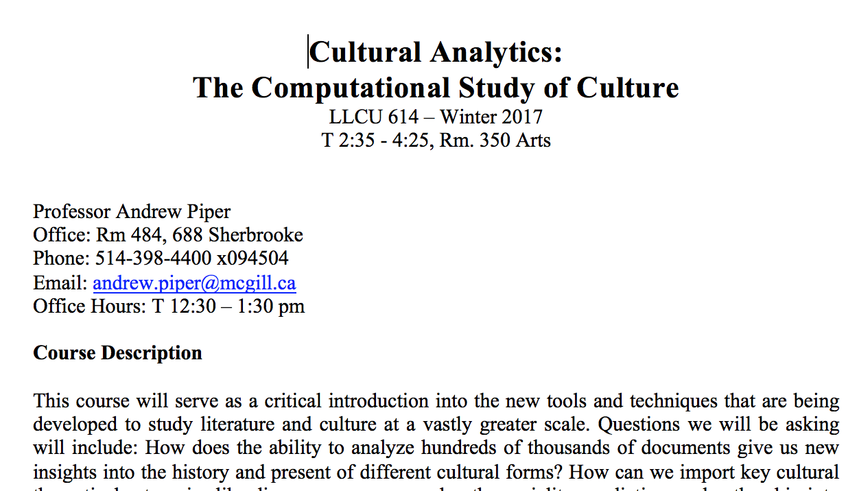 Culture + Computation: New Syllabus in Cultural Analytics LLCU 614